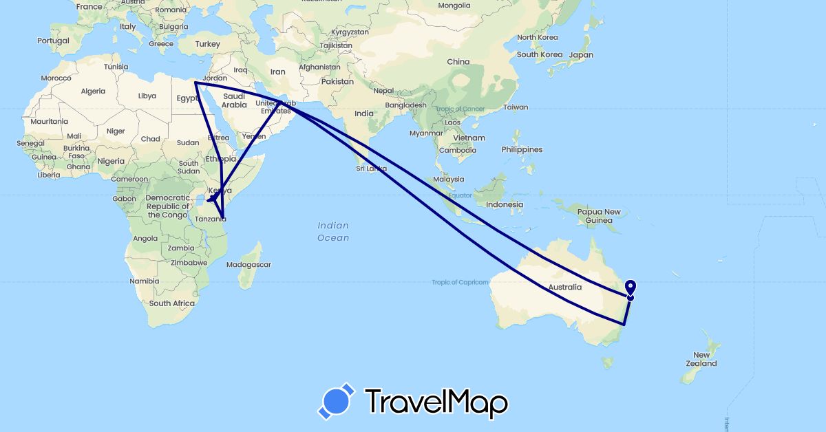 TravelMap itinerary: driving in United Arab Emirates, Australia, Egypt, Ethiopia, Kenya, Tanzania (Africa, Asia, Oceania)
